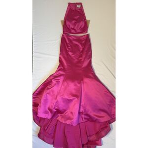 1019 Size 8 Sherri Hill 2 piece hot pink halter mermaid gown mesh panels train